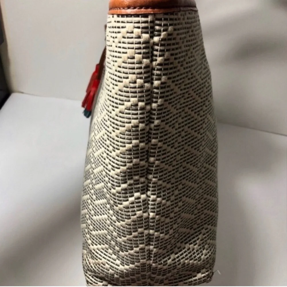Fossil Brown and Cream Tassel Tote Bag.